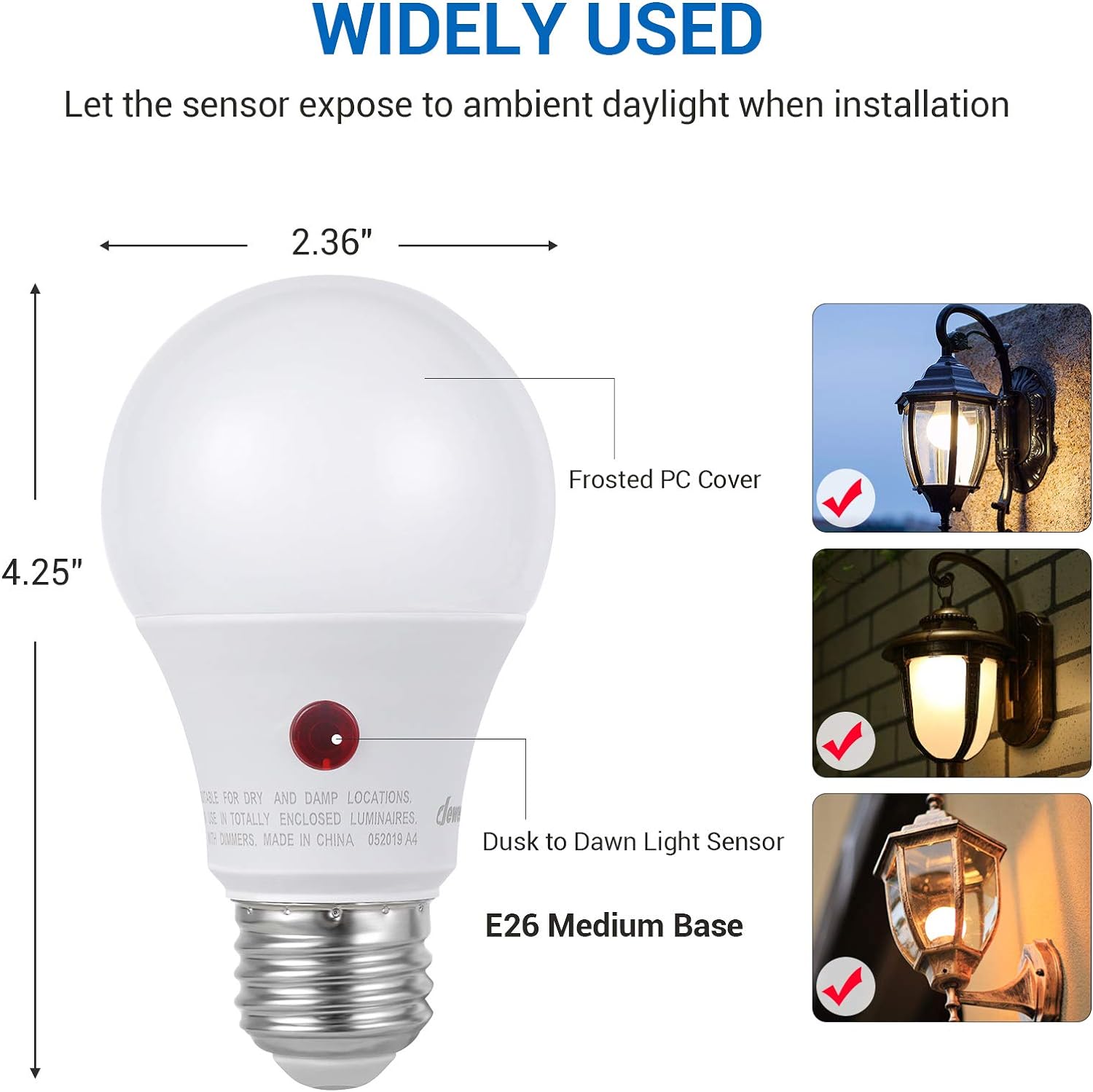 DEWENWILS Dusk to Dawn Light Bulbs, A19 LED Sensor Light Bulbs, 60W Equivalent LED Bulbs, Automatic On/Off, Dawn to Dusk Light Bulbs Outdoor, 2700K Soft Warm White, 9W, 800 LM, E26, 4 Pack-HLBA19A