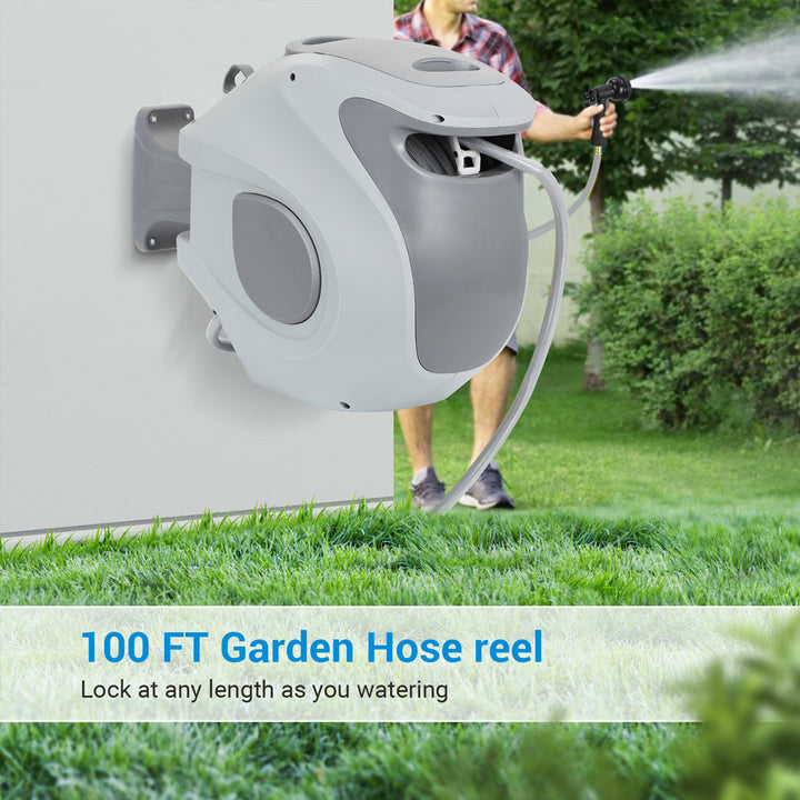 DEWENWILS 100ft Retractable Water Hose Reel, Best Flexible Garden Hose, Wall Mounted Hose Reel, Irrigation Hose for Outdoor Watering