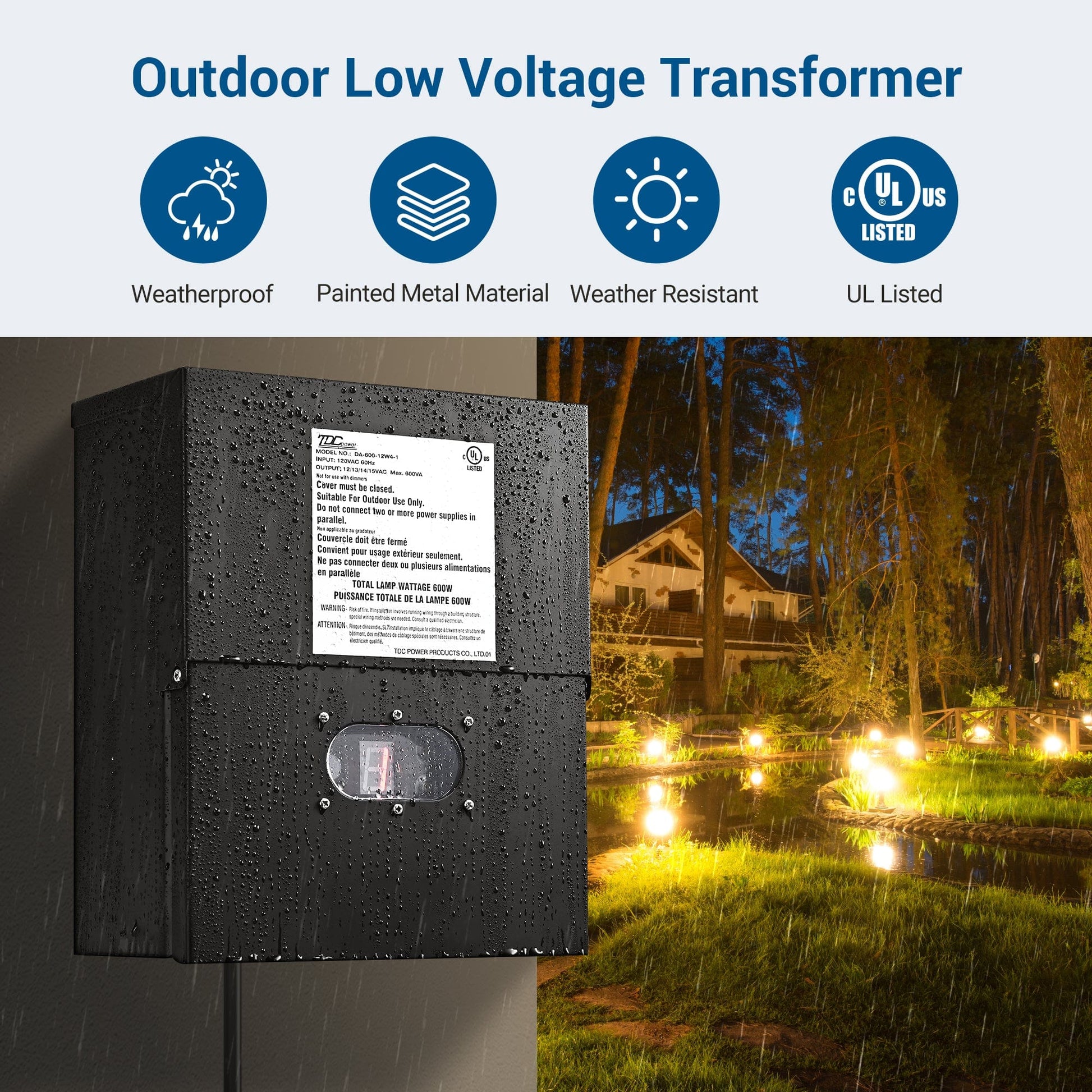 DEWENWILS 600W Low Voltage Transformer, weatherproof painted metal, weather-resistant, and UL listed for safe outdoor use