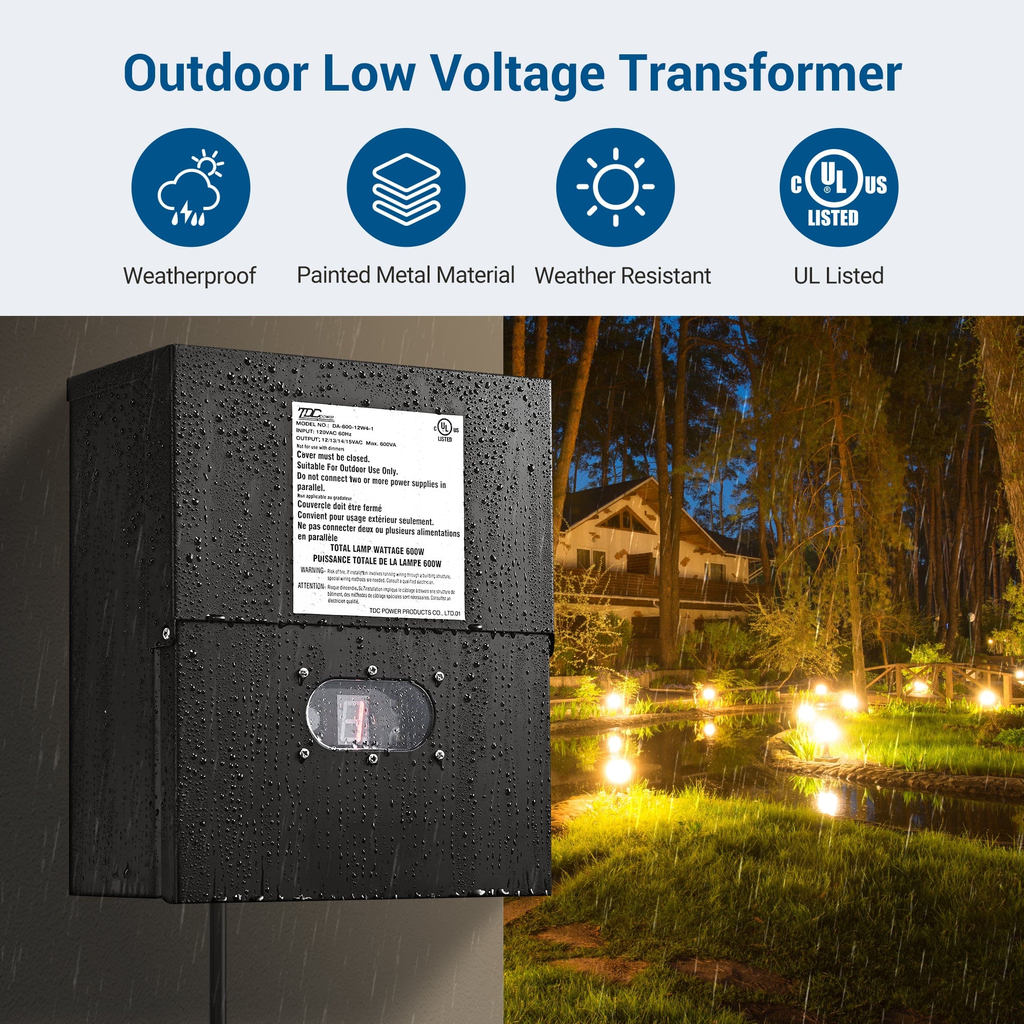 DEWENWILS 600W Low Voltage Transformer, weatherproof painted metal, weather-resistant, and UL listed for safe outdoor use