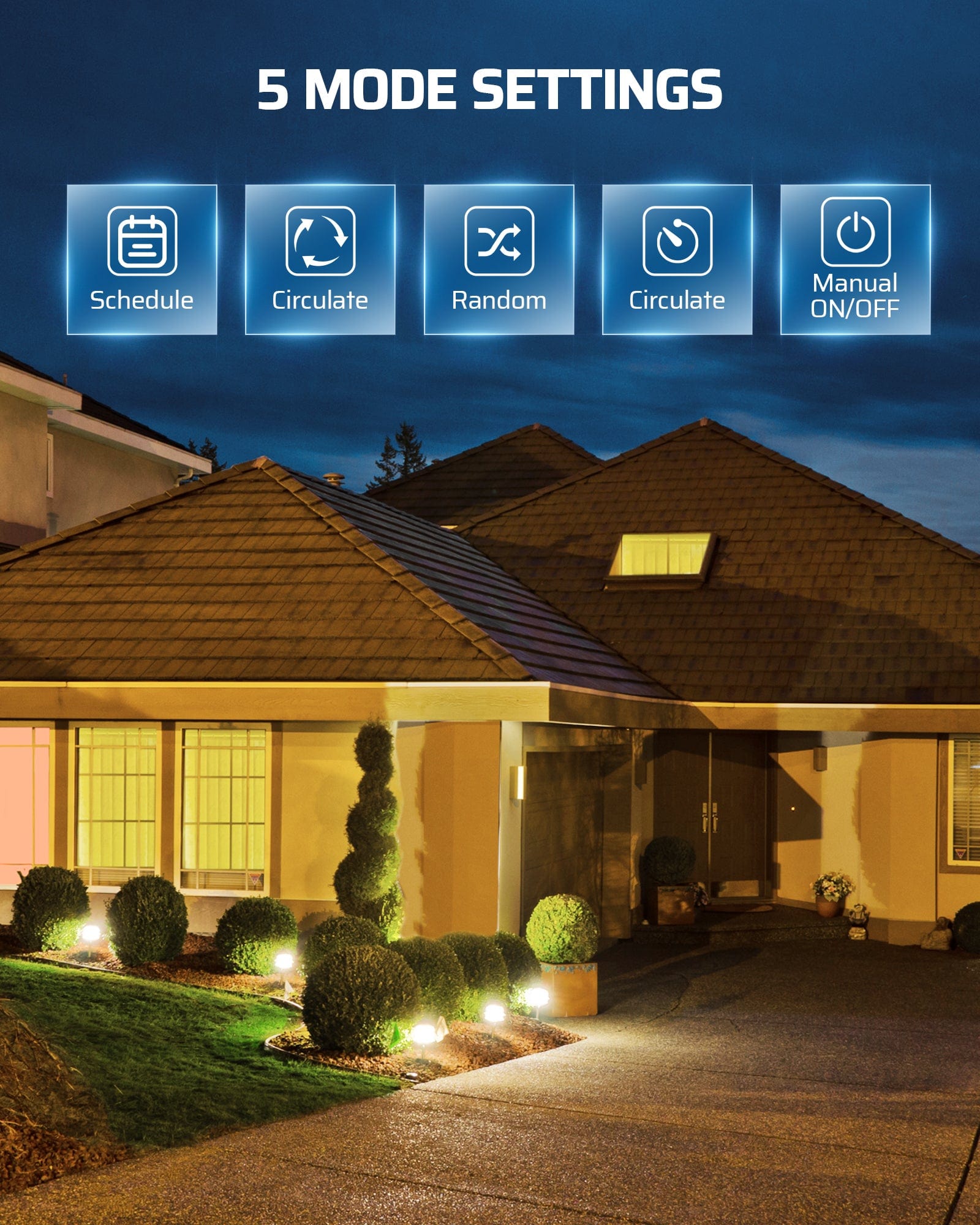 DEWENWILS 200W Low Voltage Landscape Lighting Transformer with 5 mode settings: Schedule, Circulate, Random, Countdown, and Manual ON/OFF