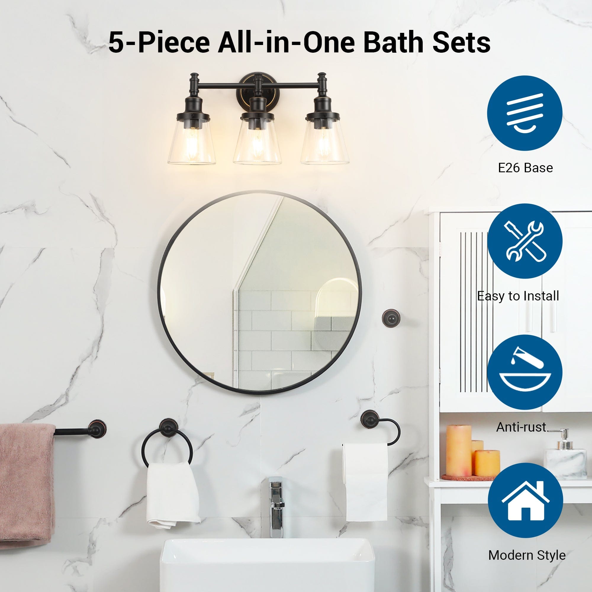 DEWENWILS 3-Light Bathroom Vanity Light Fixtures, 5-Piece All-in-One Bathroom Set, Vanity Lights with Clear Glass Shades, Towel Bar, Towel Ring, Robe Hook, Toilet Paper Holder-HHVL01D