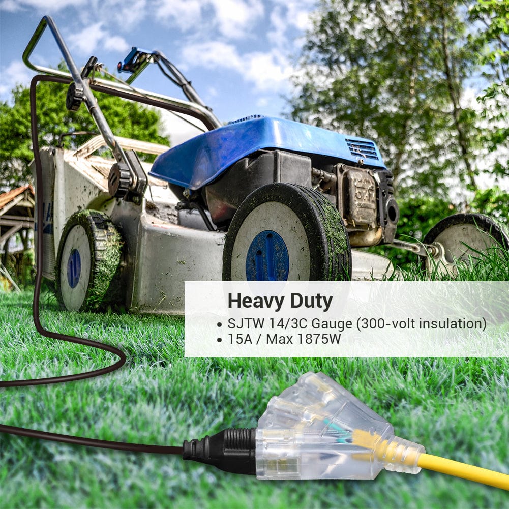 DEWENWILS 25ft Tri-Tap Extension Cord Splitter, 14/3 Gauge Heavy Duty Power Cable, SJTW 15 Amp for Multiple Appliances, LED Lighted Plug-HTOY25H