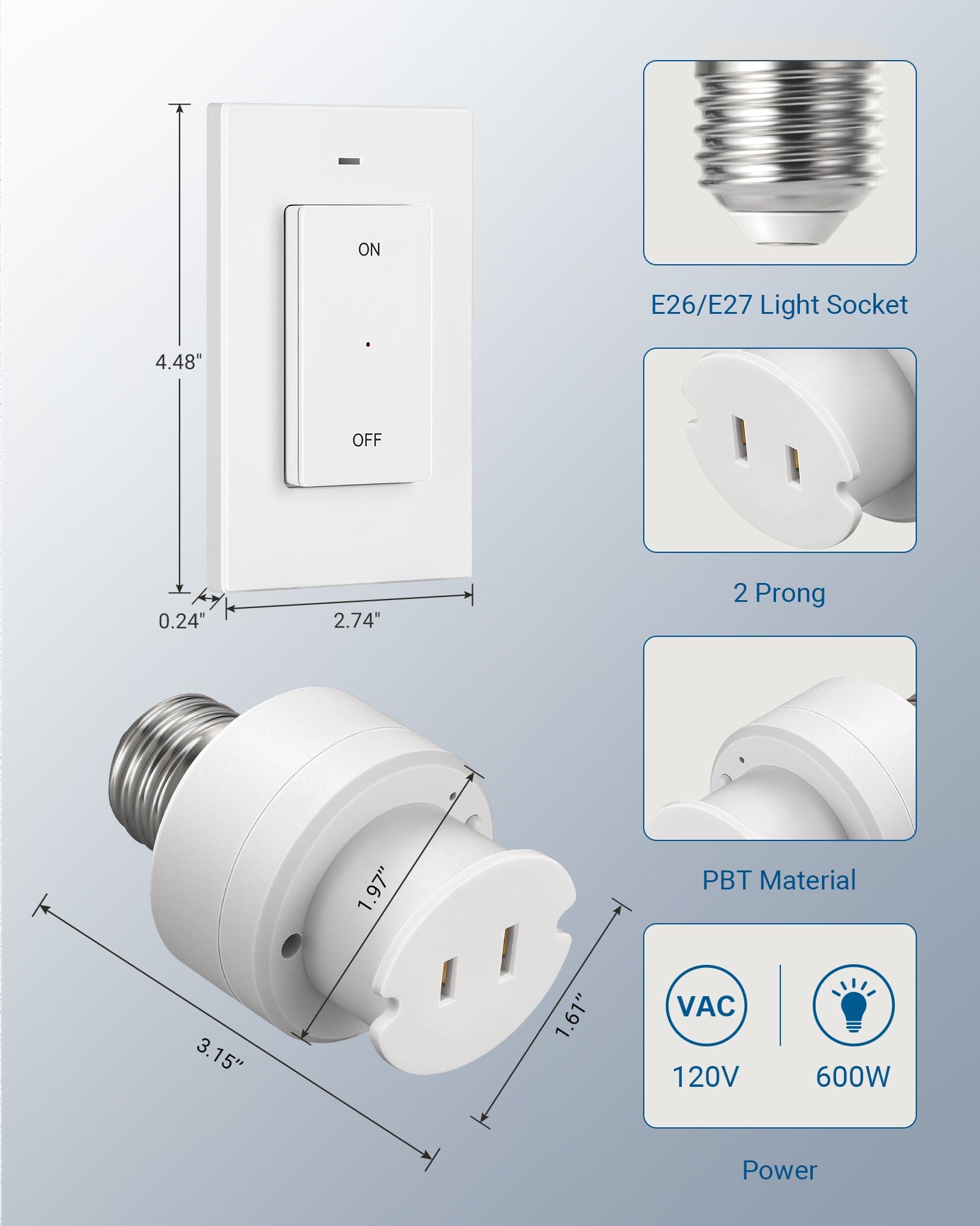 Light Socket to Plug Adapter Dimensions