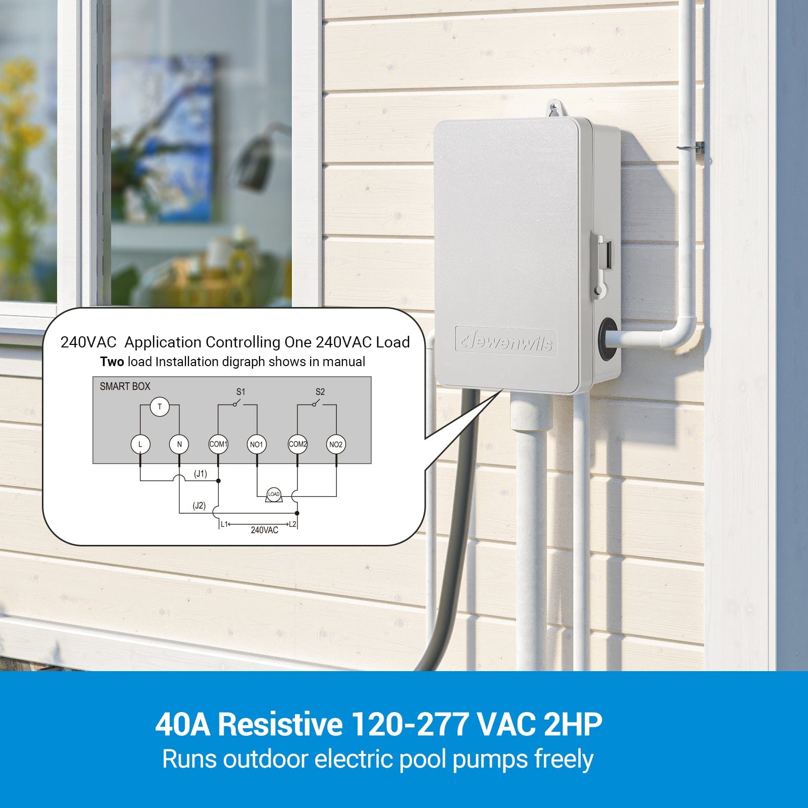 DEWENWILS pool timer: Waterproof 40A resistive rating for 120-277 VAC. Powers 2HP outdoor pool pumps freely with heavy-duty reliability and safety.