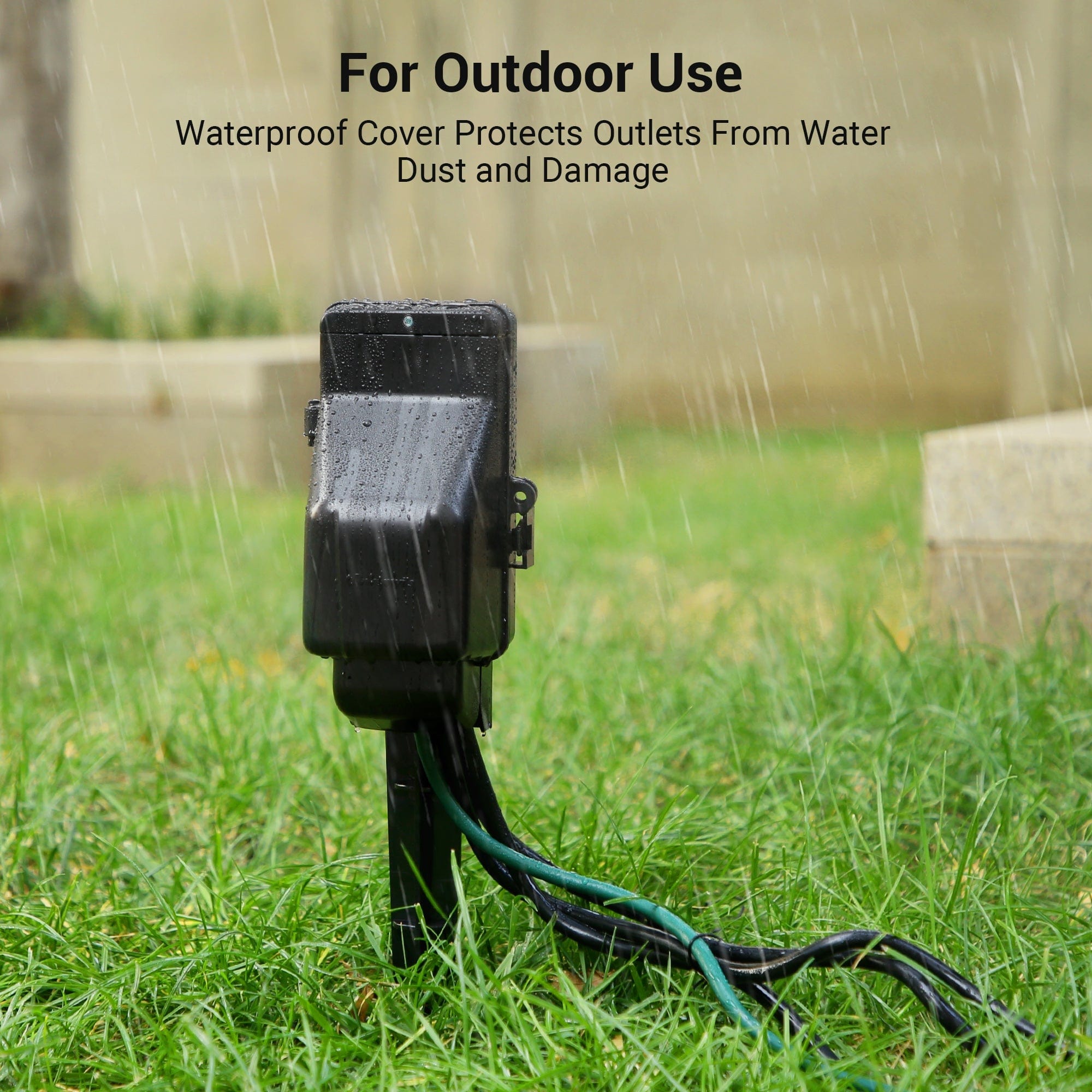 Outdoor Power Stake with Timer: Designed for outdoor use with waterproof covers to protect outlets from water, dust, and damage.
