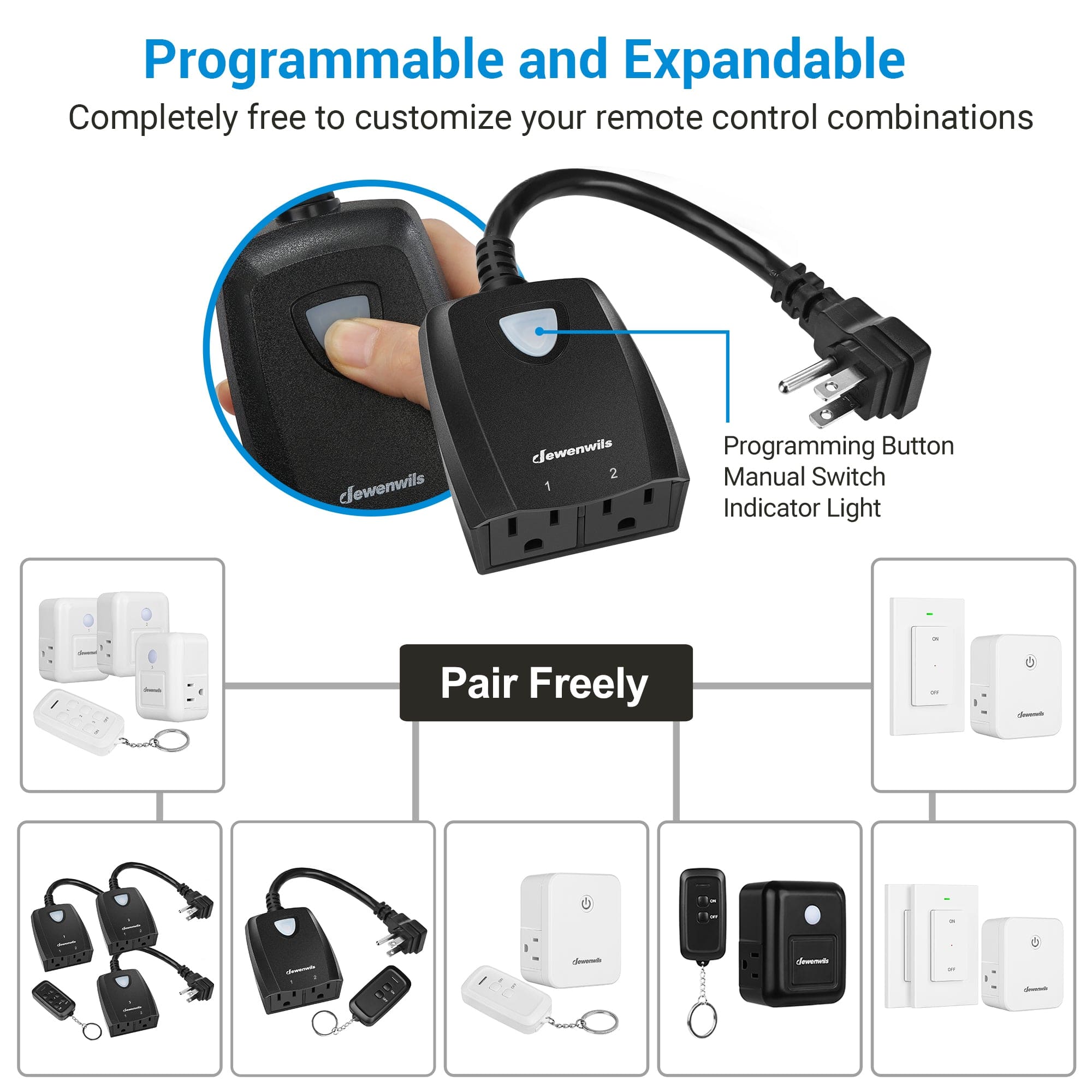 DEWENWILS Outdoor Wireless Remote Control Outlet, 2 Independent Control Sockets Weatherproof Electrical Remote Control Switch, 15A Heavy Duty with 2 Remote, 7 Inch Cord, FCC Listed-SHORS21F
