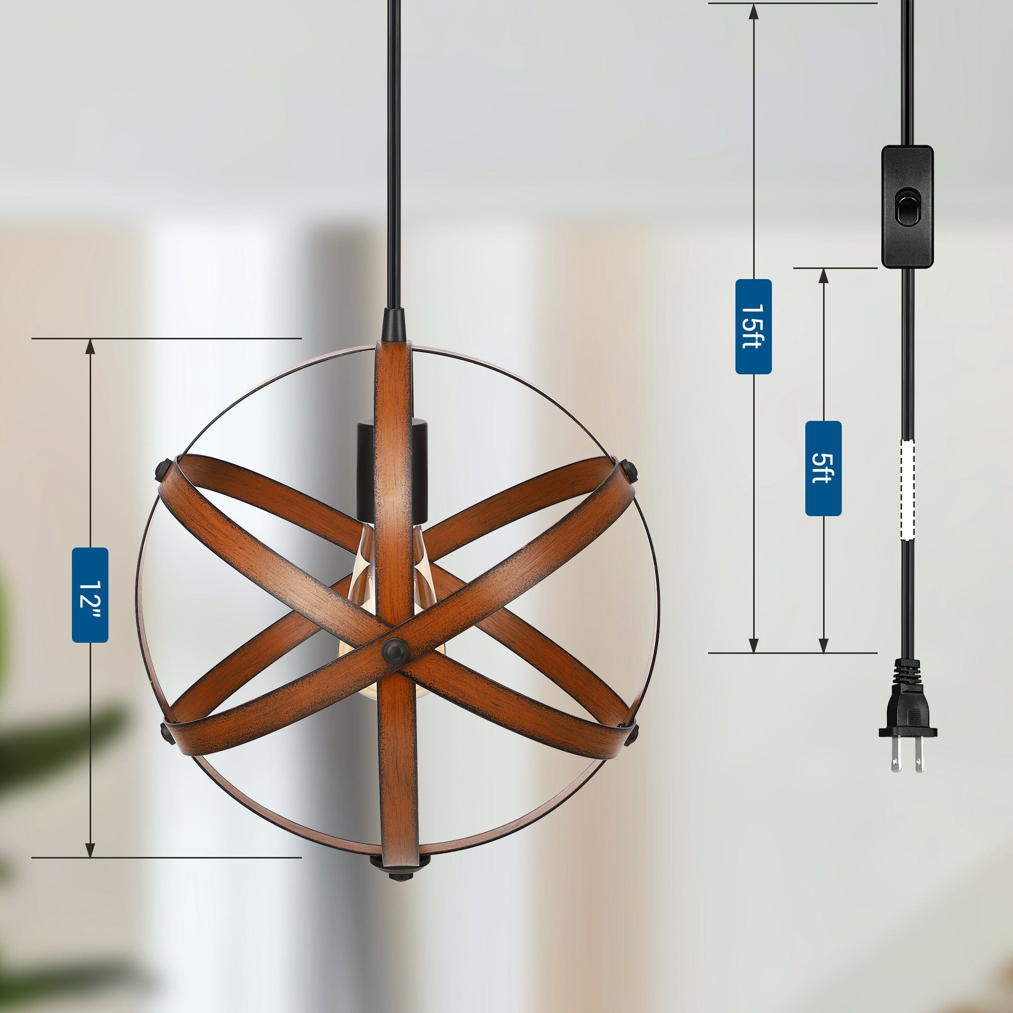 DEWENWILS Plug In Pendant Hanging Light, Birch Wood Grain Industrial ...