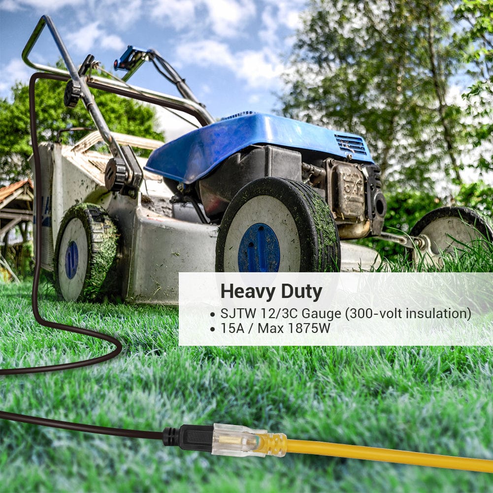 DEWENWILS 15ft Indoor/Outdoor Extension Cord with Lock, 12/3 Gauge SJTW 15 Amp Yellow Outer Jacket Contractor Grade Heavy Duty Anti-Shedding Power Cable with LED Lighted Plug-HLCY15A