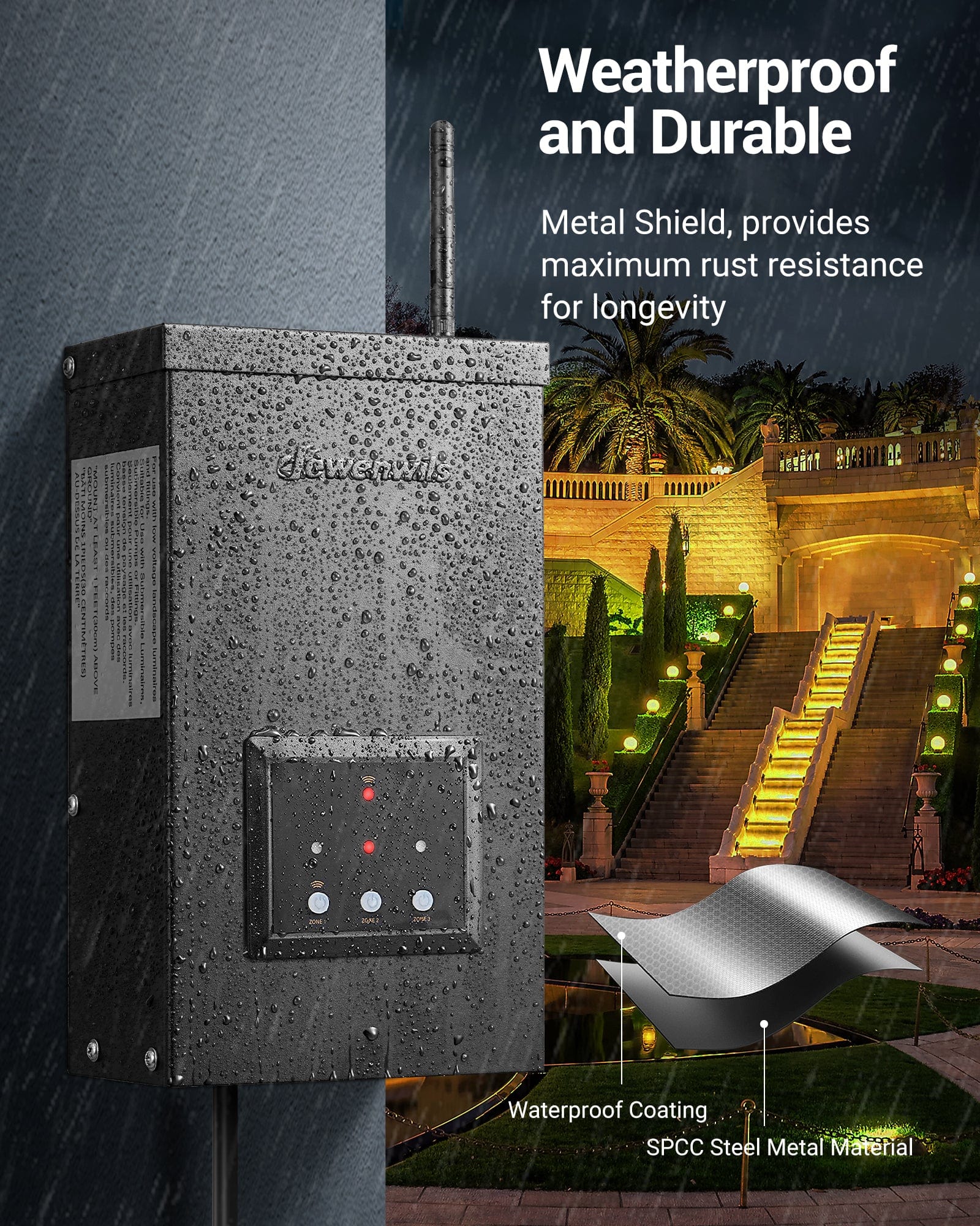 DEWENWILS 200W Low Voltage Transformer, weatherproof and durable with a metal shield for maximum rust resistance and long-lasting outdoor performance