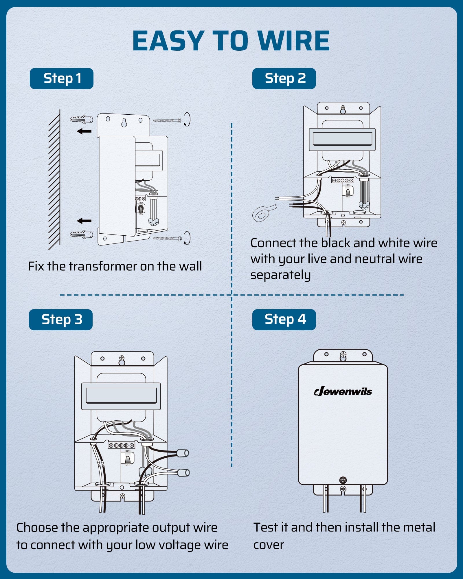 DEWENWILS 60W Pool Light Low Voltage Transformer, easy to wire with step-by-step installation for safe connection to low voltage pool lights