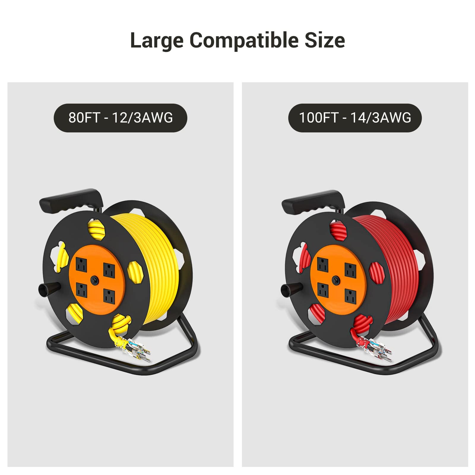 Extension Cord Storage Reel: Portable hand-wind design fits up to 100ft 14/3 or 80ft 12/3 cords