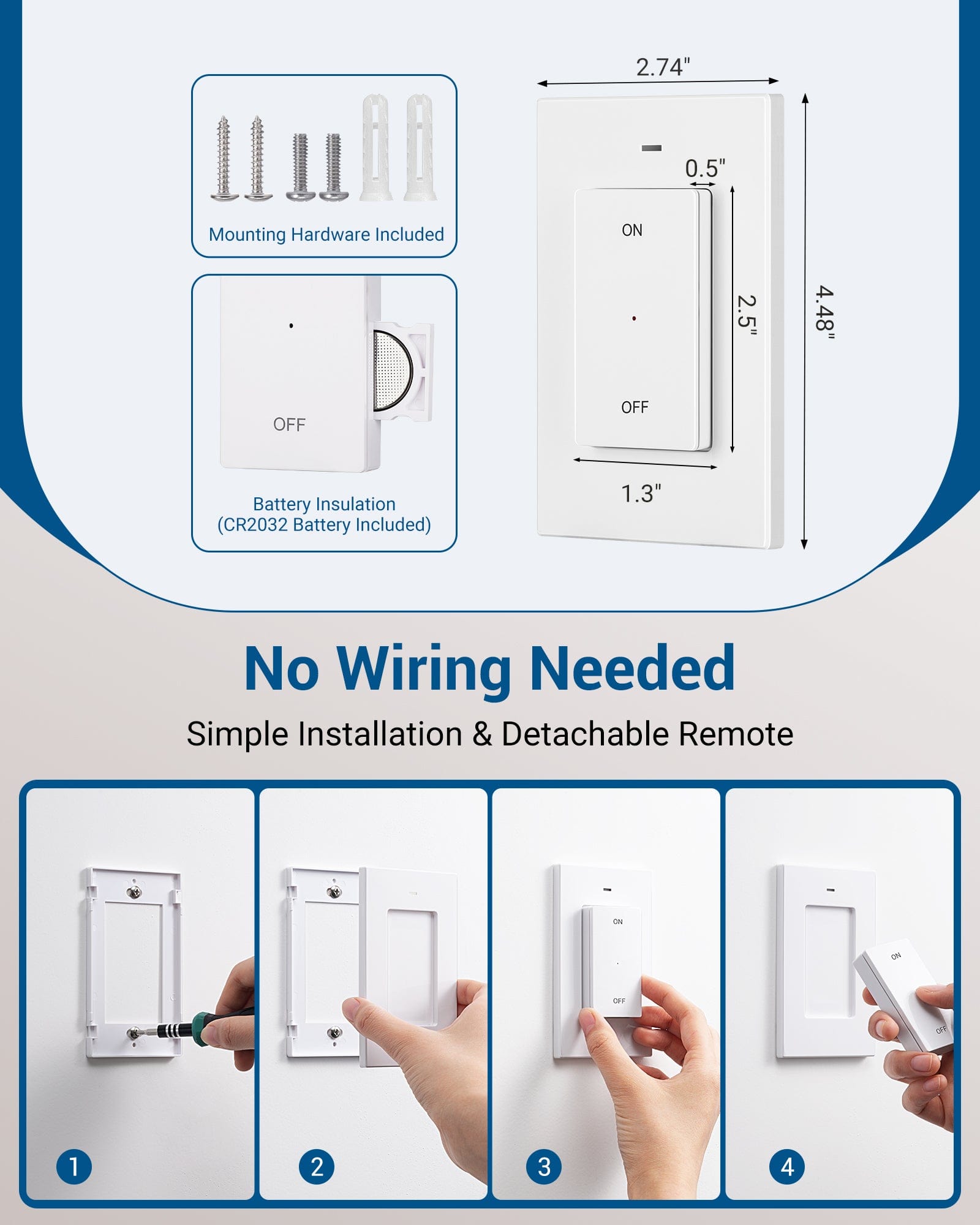 DEWENWILS Remote Control Light Socket, Wireless Light Switch for Pull Chain Light Lamp Fixtures, 100FT Range, No Wiring Needed (1 Wall Mounted Controller+1 Bulb Base, Shorter Version)-HRLS11G