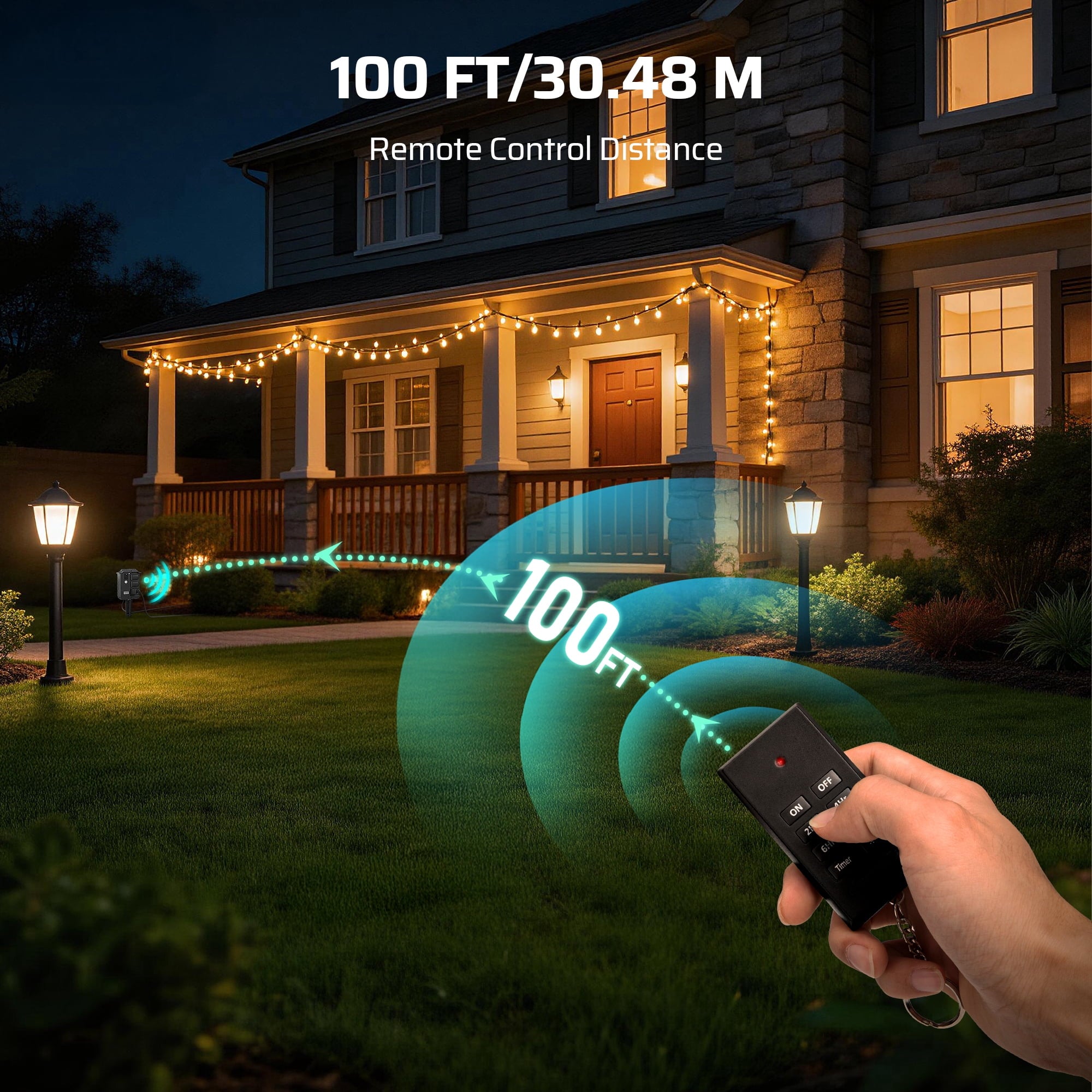 DEWENWILS Outdoor Power Stake Timer with Photocell, 100FT Remote Control, 6 Grounded Outlets, 30FT Extension Cord, Dusk to Dawn Timer for Christmas Lights, Holiday Decoration, Garden Lights