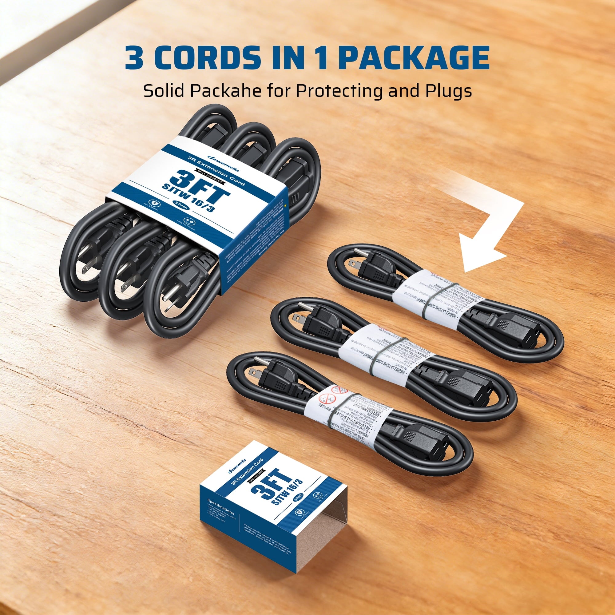 DEWENWILS 3 FT Extension Cords for Indoor and Outdoor 16 AWG 3 Prong 13A 3-Pack Black - WHNCB03C