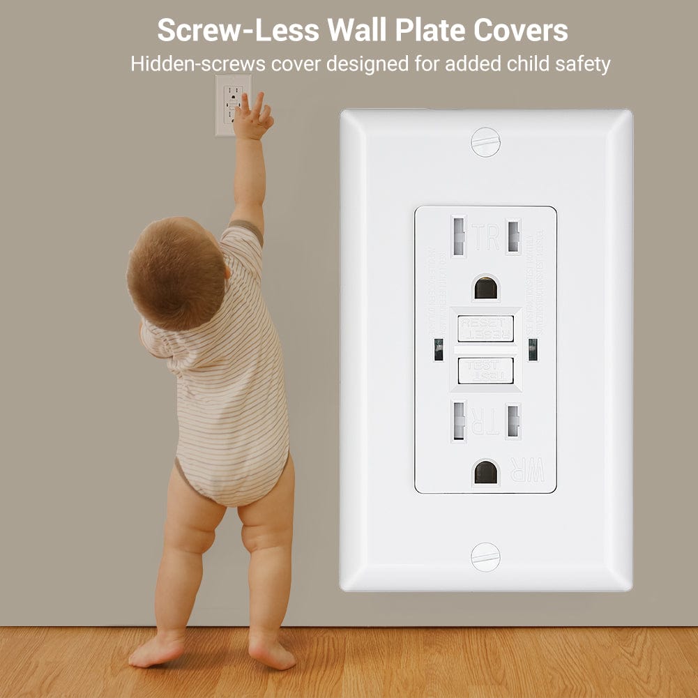 15AMP GFCI Outlet: Screw-less wall plate with hidden screws for a clean look and enhanced child safety, preventing access to exposed fasteners