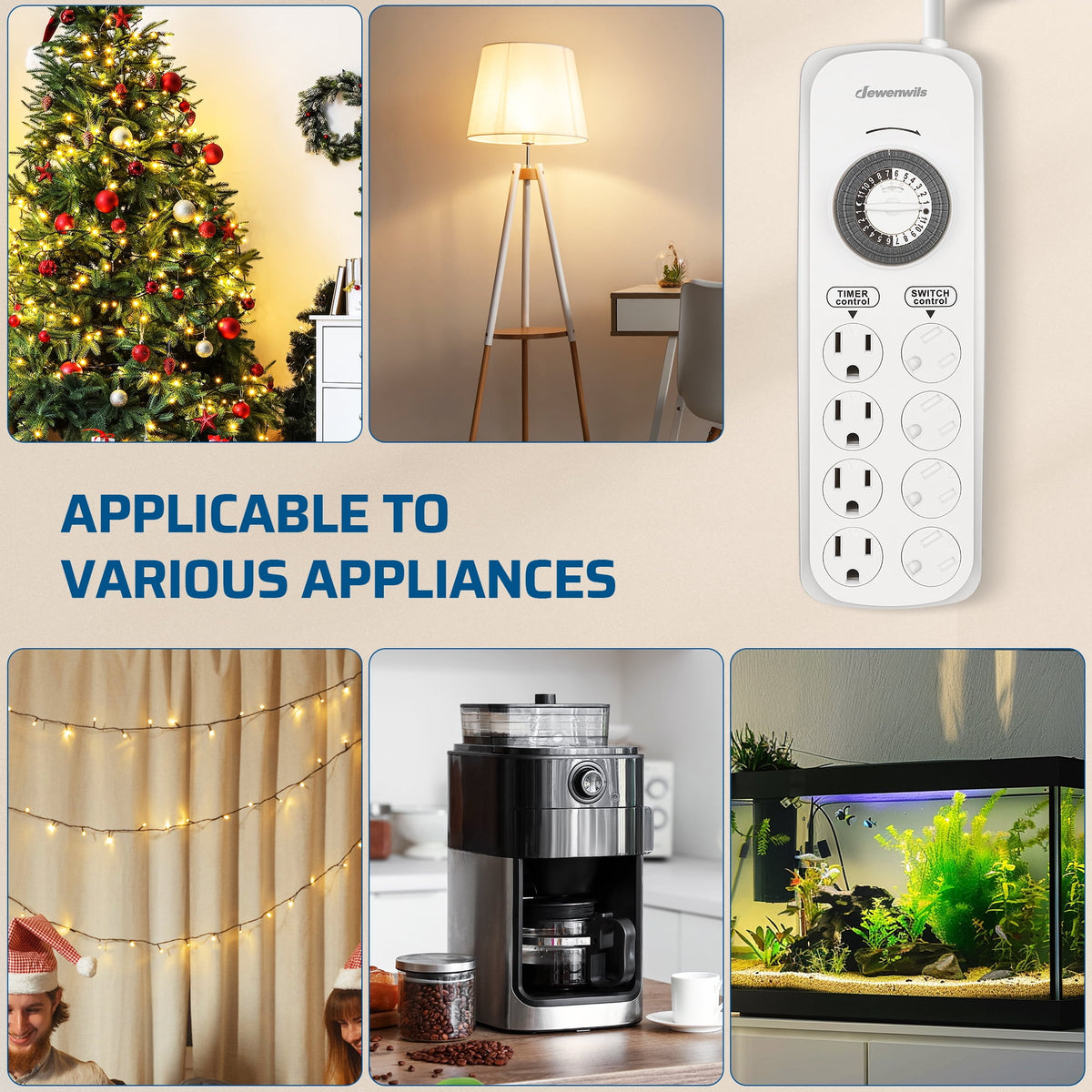 DEWENWILS Mechanical Timer Power Strip with 8 Outlets, Flat Plug, 6ft Long Cord, Overload Protection, Indoor Timer for, Bearded Dragon Tanks, Aquarium, Grow Lights, Plants, Reptile Light