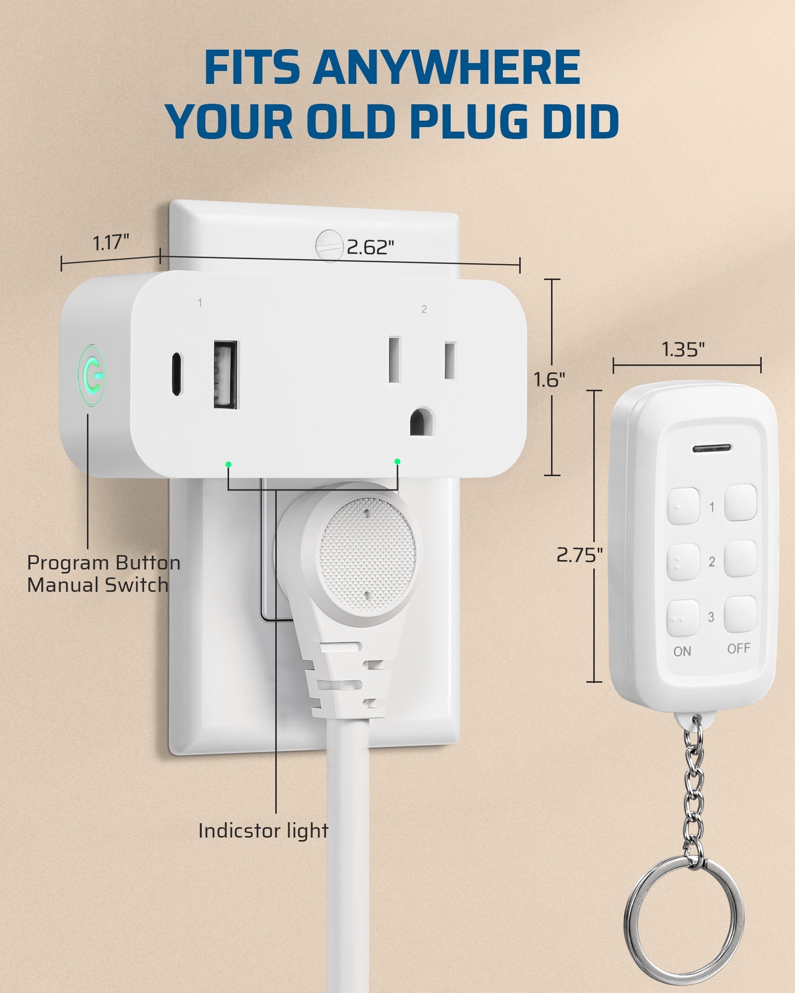DEWENWILS 125V 15A Remote Control Outlet with Dual USB Ports (Type-A + Type-C) – FCC Certified, 100ft Wireless Range