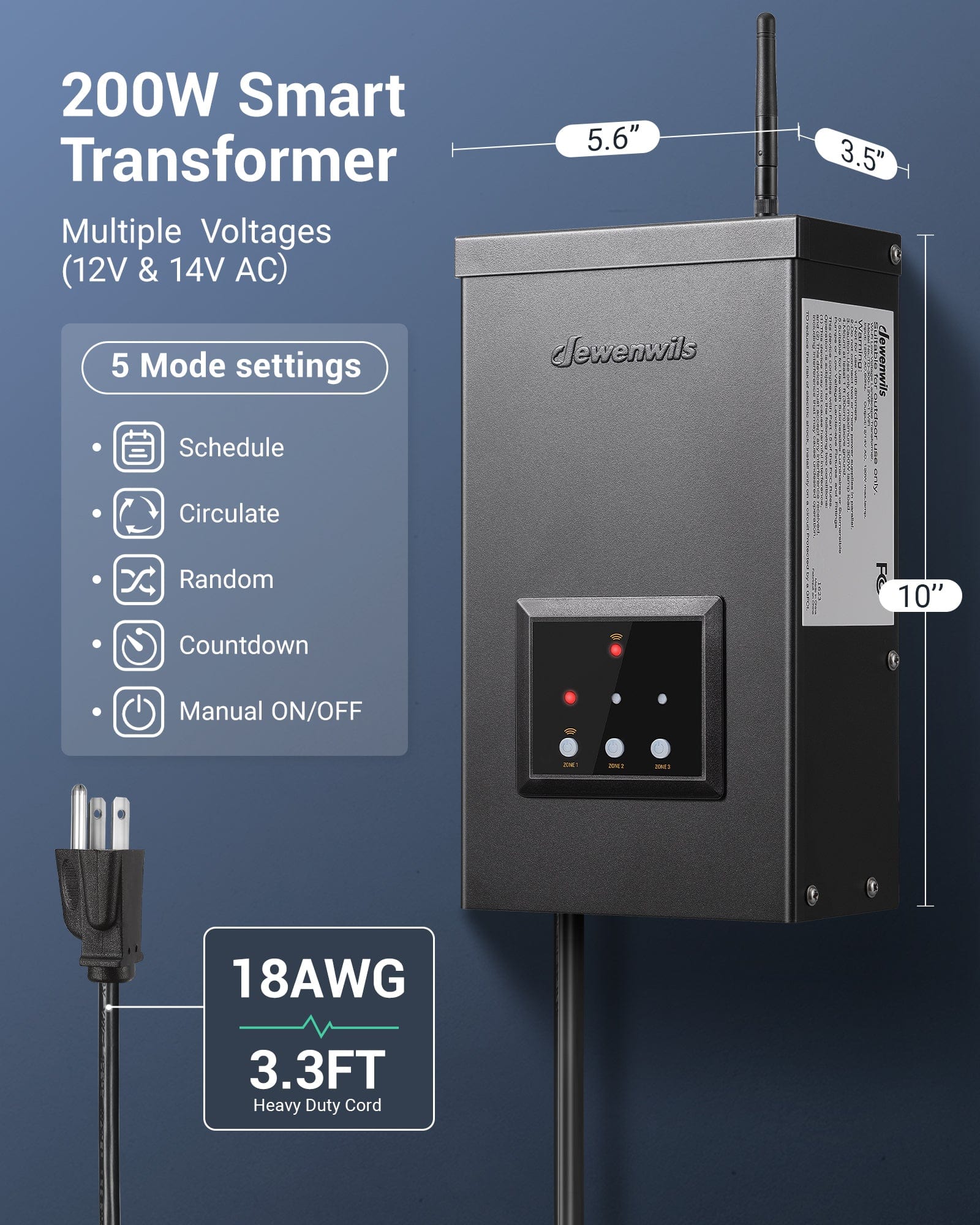 DEWENWILS 200W Smart Transformer, multiple voltages (12V & 14V AC), measures 5.6in L × 3.5in W × 10in H and includes an 18 AWG 3.3FT heavy duty cord