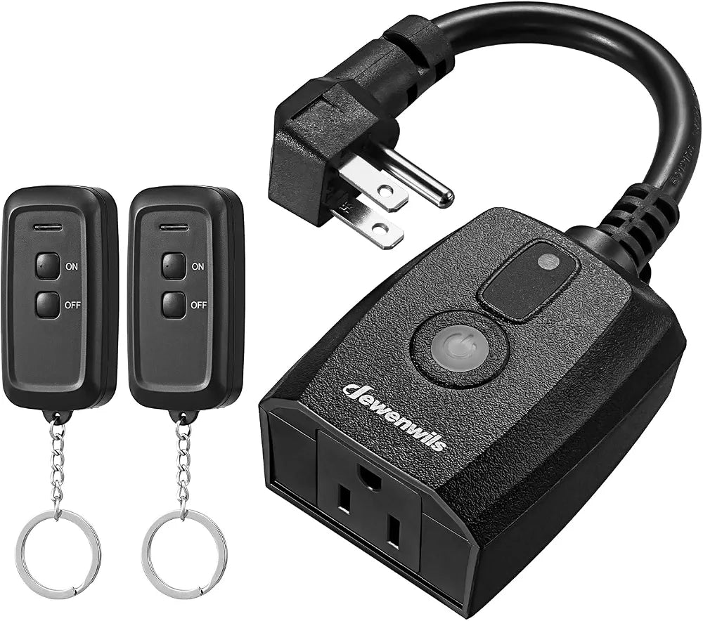 DEWENWILS Outdoor Remote Control Outlet, Indoor Wireless Remote Control Switch, Weatherproof Electrical Plug in Switch, 3-Prong 15A, 6-Inch Cord, 100FT Range, 2 Remotes 1 Outlet, ETL Listed
