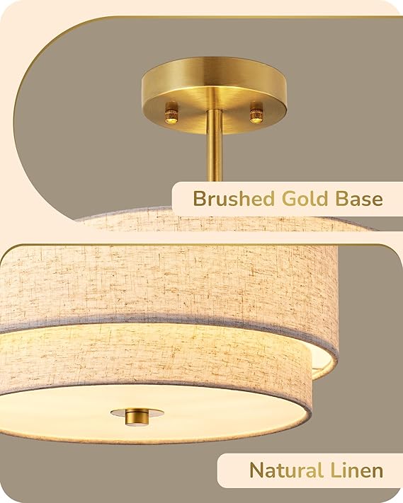 12.6" Semi Flush Mount Ceiling Light, 3-Light Close to Ceiling Light Fixtures with Double Drum Linen Fabric Shade
