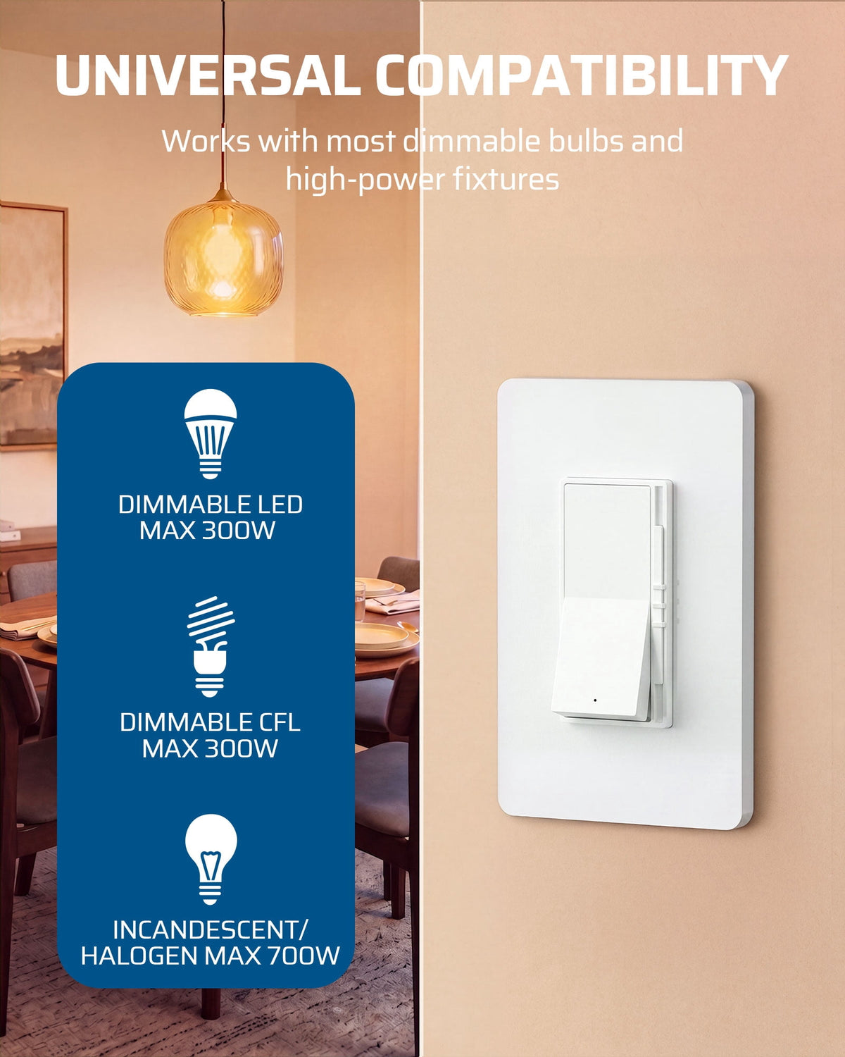 DEWENWILS Dimmer Switch for LED Lights, 700W Incandescent/Halogen and 300W CFL/LED, Single-Pole or 3-Way Dimmer Light Switch