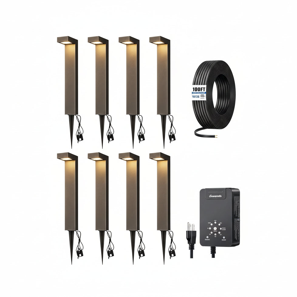 DEWENWILS 12V Landscape Lighting kit, 1x120W Transformer with Dusk to Dawn Photocell Sensor+8x3.2W Aluminum Low Voltage Pathway Lights, 100FT Wire+8 Pack Connector for Patio Yard Garden