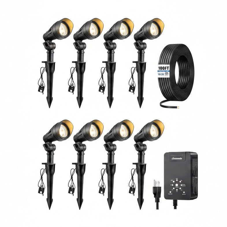 DEWENWILS 12V Landscape Lighting kit, 1x60W Transformer with Timer+8x3.2W Aluminum LED Low Voltage Landscape Spotlight Lights, 100FT Wire+8 Pack Connector for Patio Yard Garden
