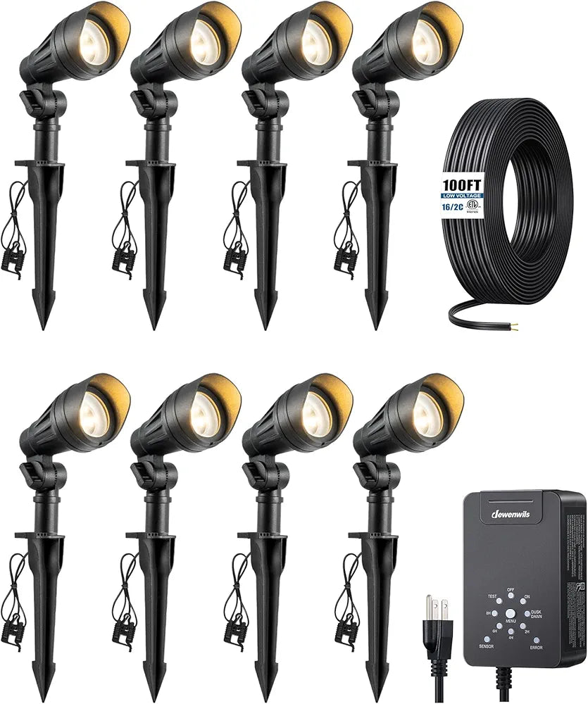 DEWENWILS 12V Landscape Lighting kit, 1x60W Transformer with Timer+8x3.2W Aluminum LED Low Voltage Landscape Spotlight Lights, 100FT Wire+8 Pack Connector for Patio Yard Garden