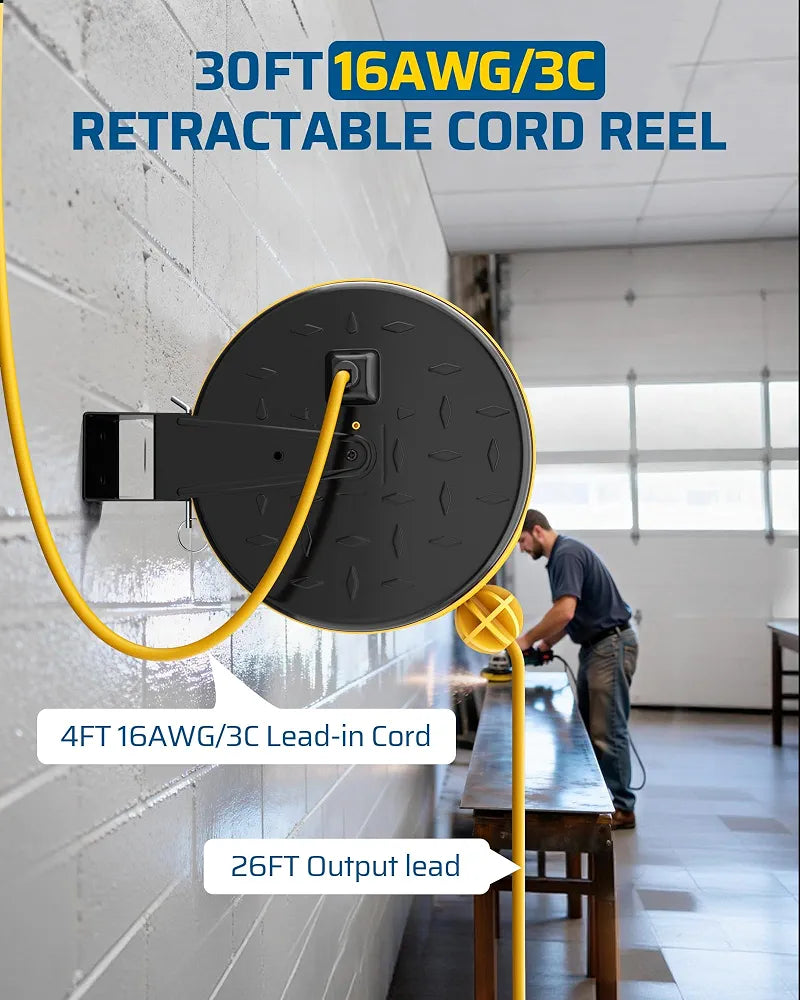 DEWENWILS Retractable Extension Cord Reel, Metal Reel with 30FT Power Cord