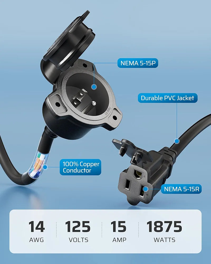 Shore Power Inlet: Features 100% copper conductor, NEMA 5-15P/R connectors, durable PVC jacket, rated 125V, 15A, 1875W for reliable power delivery.