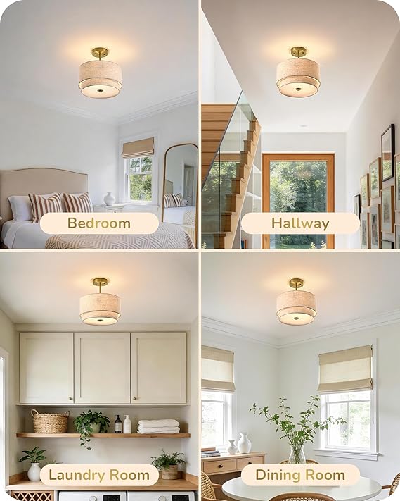 12.6" Semi Flush Mount Ceiling Light, 3-Light Close to Ceiling Light Fixtures with Double Drum Linen Fabric Shade