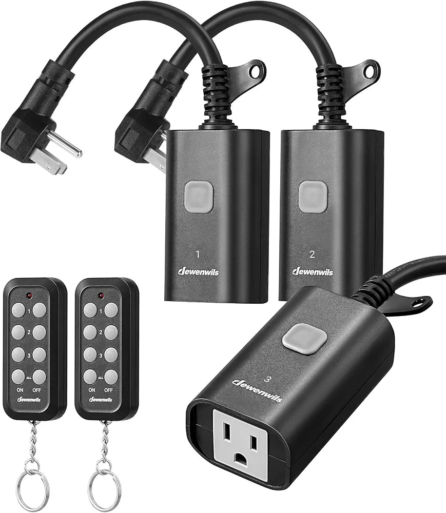 DEWENWILS Outdoor Remote Control Outlet, Weatherproof Heavy Duty 15A Wireless Remote Control Switch, 100FT Control Range, 2 Remotes & 3 Outlets 