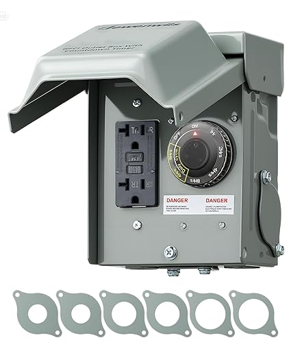 DEWENWILS Outdoor Outlet Box with 20 AMP WRTR GFCI Receptacles, Countdown Function & 4/8Hrs Cycle, 125V/2500W, 1/2hp Rainproof 3R Enclosure, Outdoor Electrical Outlet Box for Decor, Yard