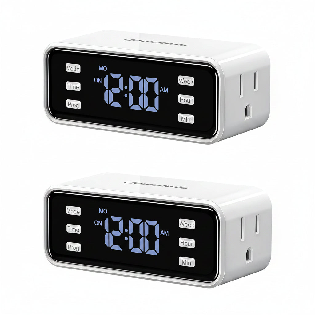 DEWENWILS 2 Pack 7 Day Heavy Duty Timer, Dual Outlet Digital Timer, 3 Prong Programmable Plug in Timers for Indoor Lamp, Light, Fan, Clear Display, 8 On/Off Programs, 125V 60Hz - HIDT22N