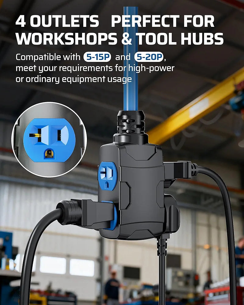 DEWENWILS 20 Amp Retractable Extension Cord Reel, 40FT 10AWG SJTOW Heavy Duty Extension Cord, Auto-Rewind No-Tangle, Circuit Breaker, 4 Outlets for Garage Shop, 2500W, Blue - HCRD40D-HCRD40F