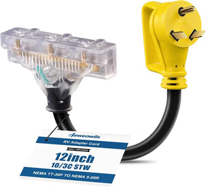 DEWENWILS 30 AMP RV Extension Cord, NEMA TT-30P Male to 15/20R Female RV Distribution Adapter with LED Power Indicator, 3 Prong Adapter to RV Camper Generator Household, 1FT, 125VAC, 10AWG STW