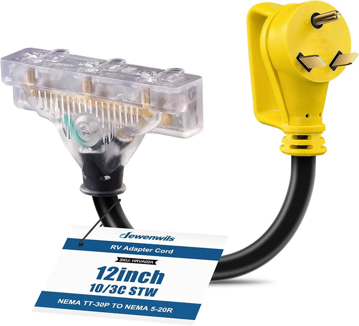 DEWENWILS 30 AMP RV Extension Cord, NEMA TT-30P Male to 15/20R Female RV Distribution Adapter with LED Power Indicator, 3 Prong Adapter to RV Camper Generator Household, 1FT, 125VAC, 10AWG STW