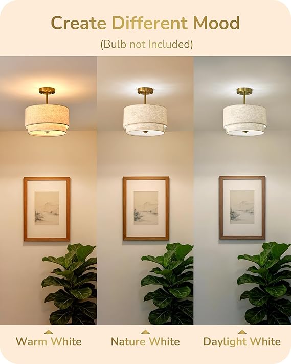 12.6" Semi Flush Mount Ceiling Light, 3-Light Close to Ceiling Light Fixtures with Double Drum Linen Fabric Shade