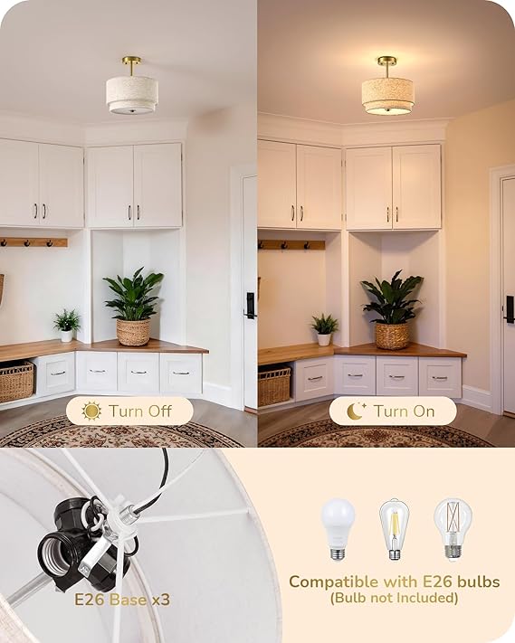 12.6" Semi Flush Mount Ceiling Light, 3-Light Close to Ceiling Light Fixtures with Double Drum Linen Fabric Shade
