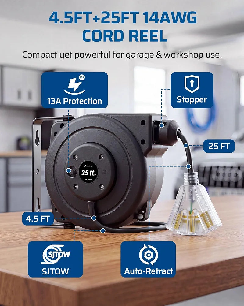 DEWENWILS 25FT Retractable Extension Cord Reel, 3-Outlet,14/3C SJTOW Cable