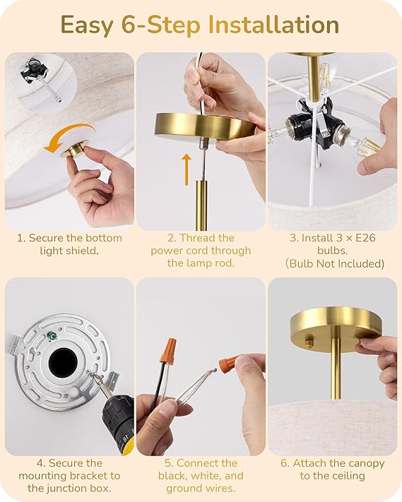 12.6" Semi Flush Mount Ceiling Light, 3-Light Close to Ceiling Light Fixtures with Double Drum Linen Fabric Shade