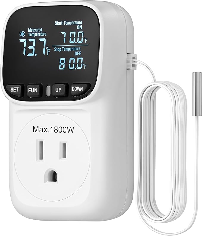 DEWENWILS Digital Temperature Controller, Heavy Duty 15A/1800W Thermostat Outlet Plug, VA Display Heating Cooling Control Timer, -40℉~210℉, Cyclic Timing/Countdown, for Greenhouse Incubator Homebrew