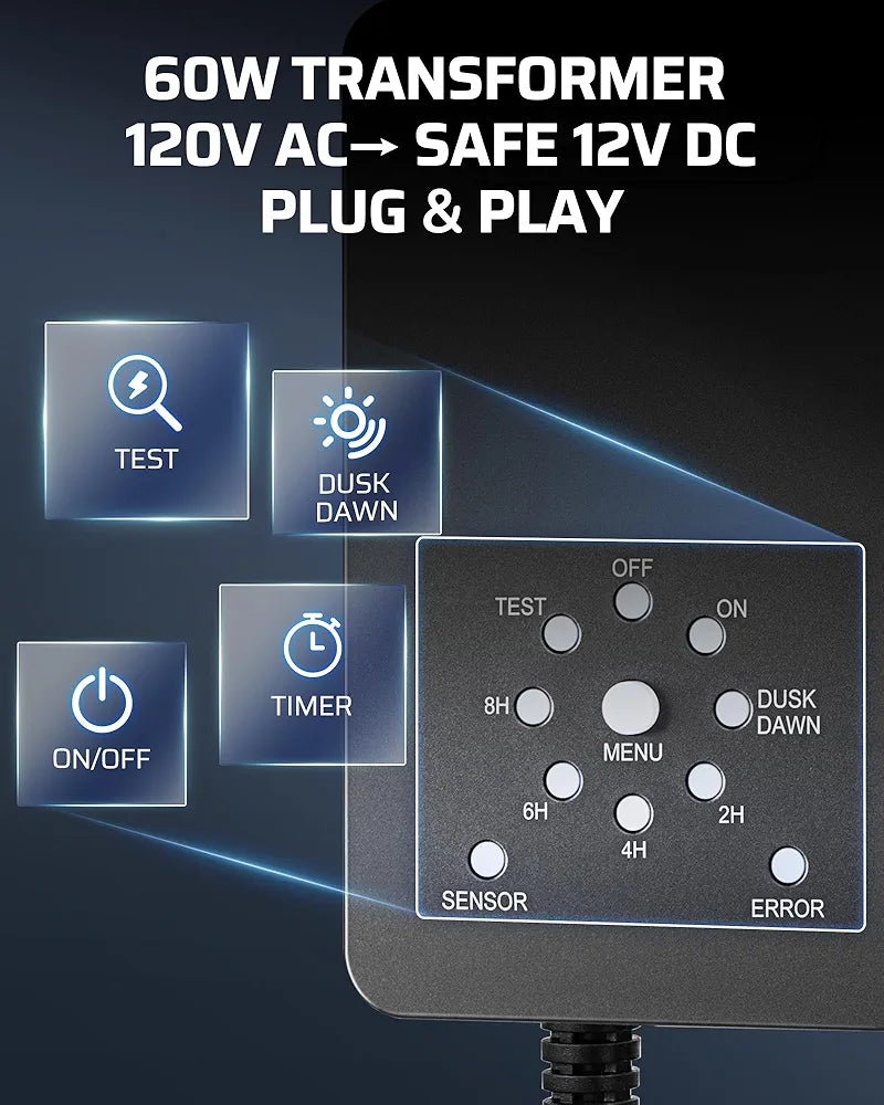 DEWENWILS 12V Landscape Lighting kit, 1x60W Transformer with Timer+8x3.2W Aluminum LED Low Voltage Landscape Spotlight Lights, 100FT Wire+8 Pack Connector for Patio Yard Garden