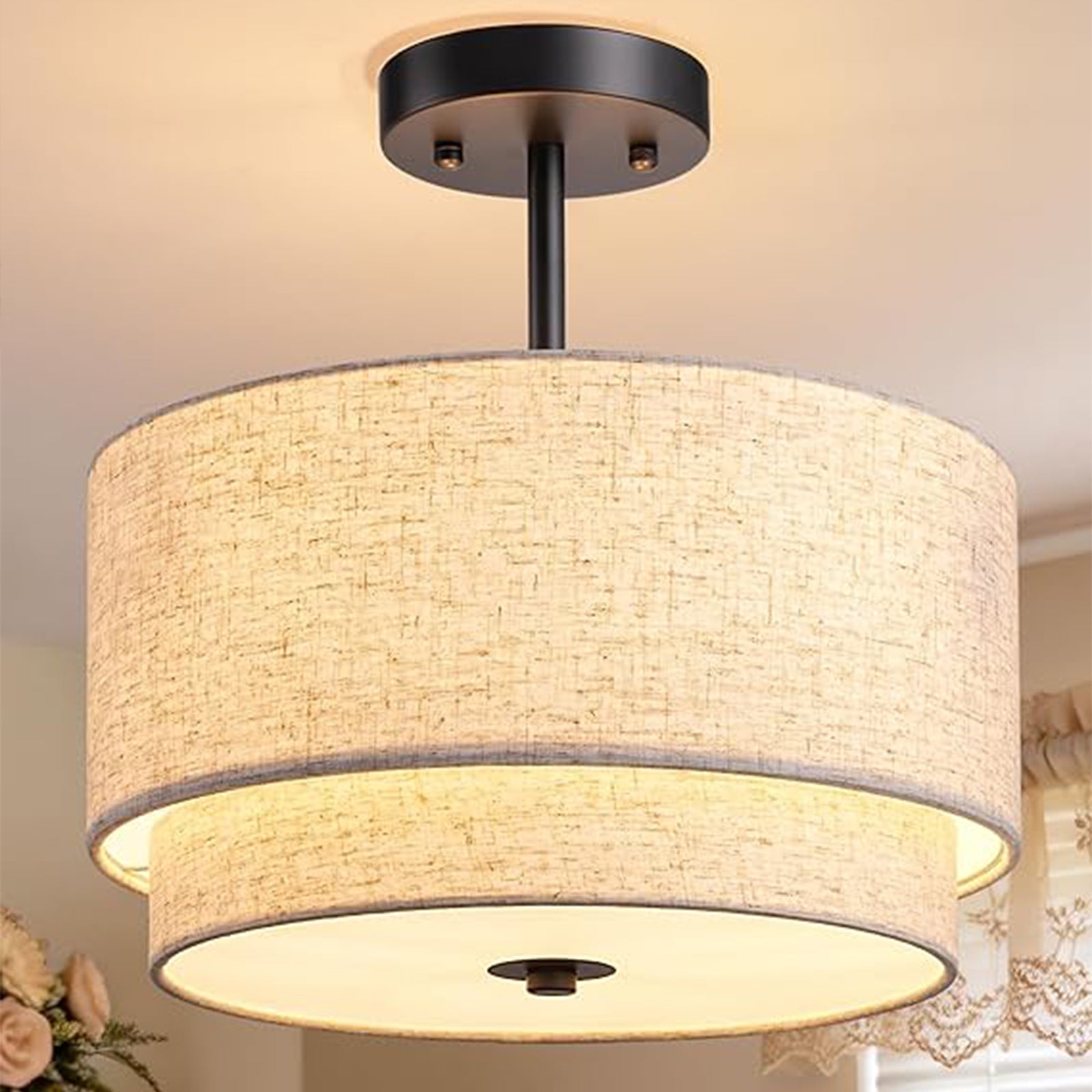 12.6" Semi Flush Mount Ceiling Light, 3-Light Close to Ceiling Light Fixtures with Double Drum Linen Fabric Shade