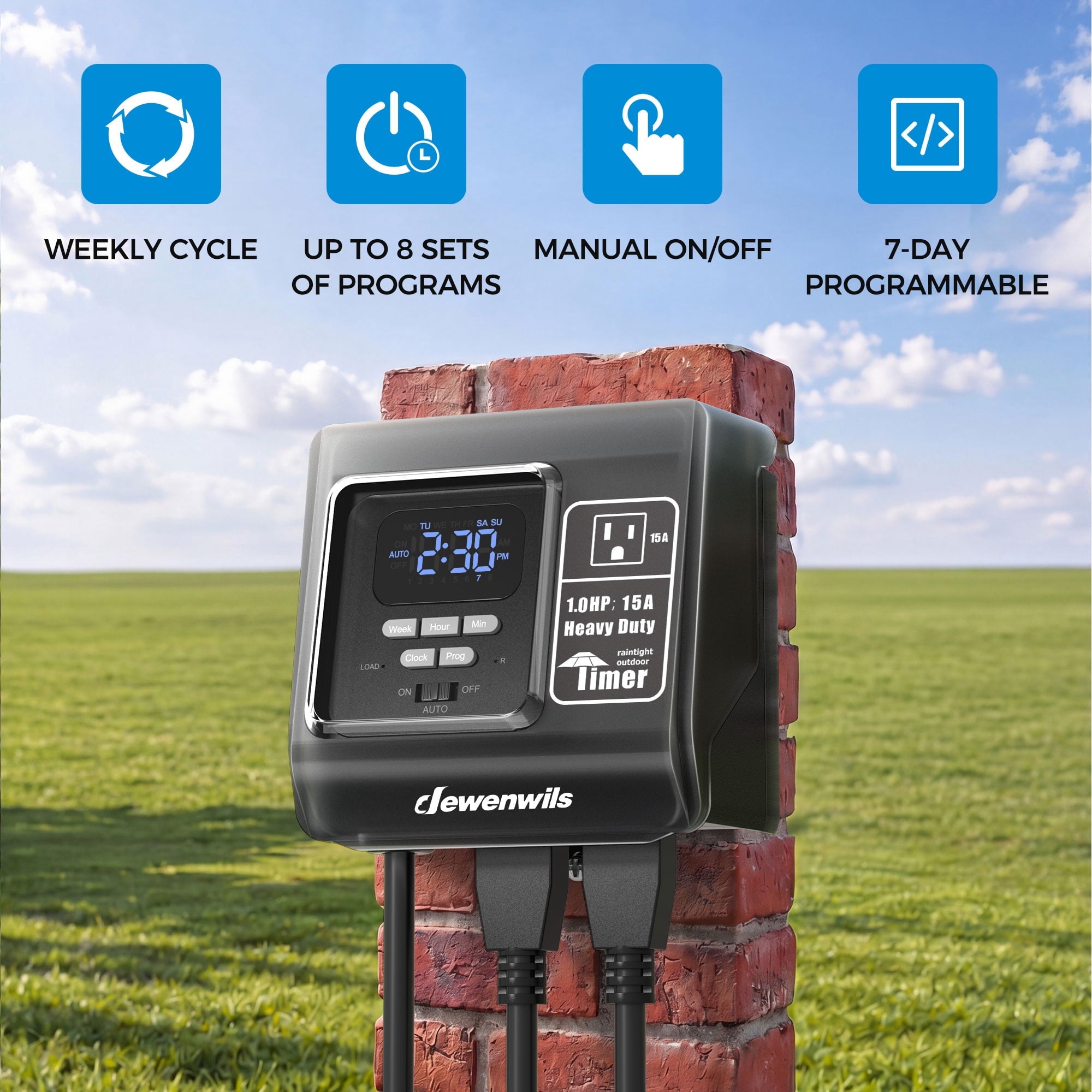 DEWENWILS 7-Day Digital Pool Timer, Twist-Lock NEMA 5-15R Plug-In Outdoor Timer, 16 ON/OFF Programs, 15A 120V 1HP Heavy Duty Weatherproof Timer for Pool Pumps, Heaters, Lights, Memory Backup