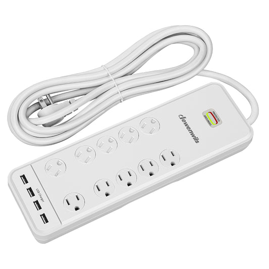 DEWENWILS 10-Outlet Surge Protector Power Strip with 4 USB Ports, 15FT Long Extension Cord, Right Angle Flat Plug, 2480J Surge Rating 15AMP Circuit Breaker, Wall Mountable, White-HOU104H