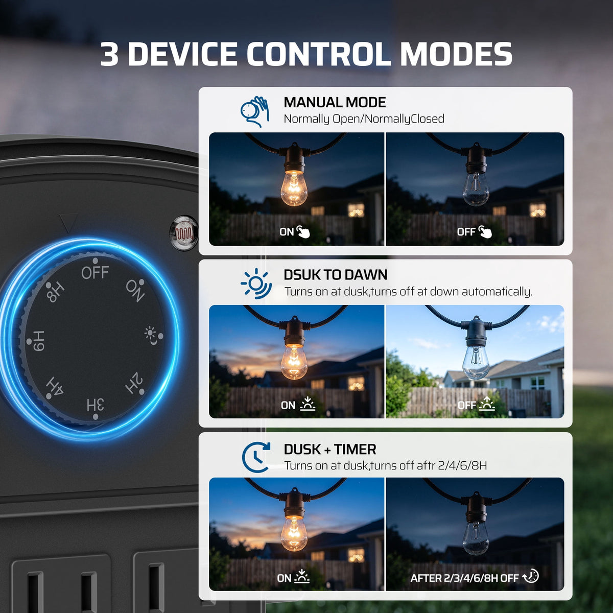 DEWENWILS Outdoor Power Stake Timer, Dusk to Dawn, 6 Grounded Outlets, 15A Mechanical Knob Control, 6FT Extension Cord, Waterproof Safety Cover, Power Strip with Timer for Outdoor Lights, Pool Pump