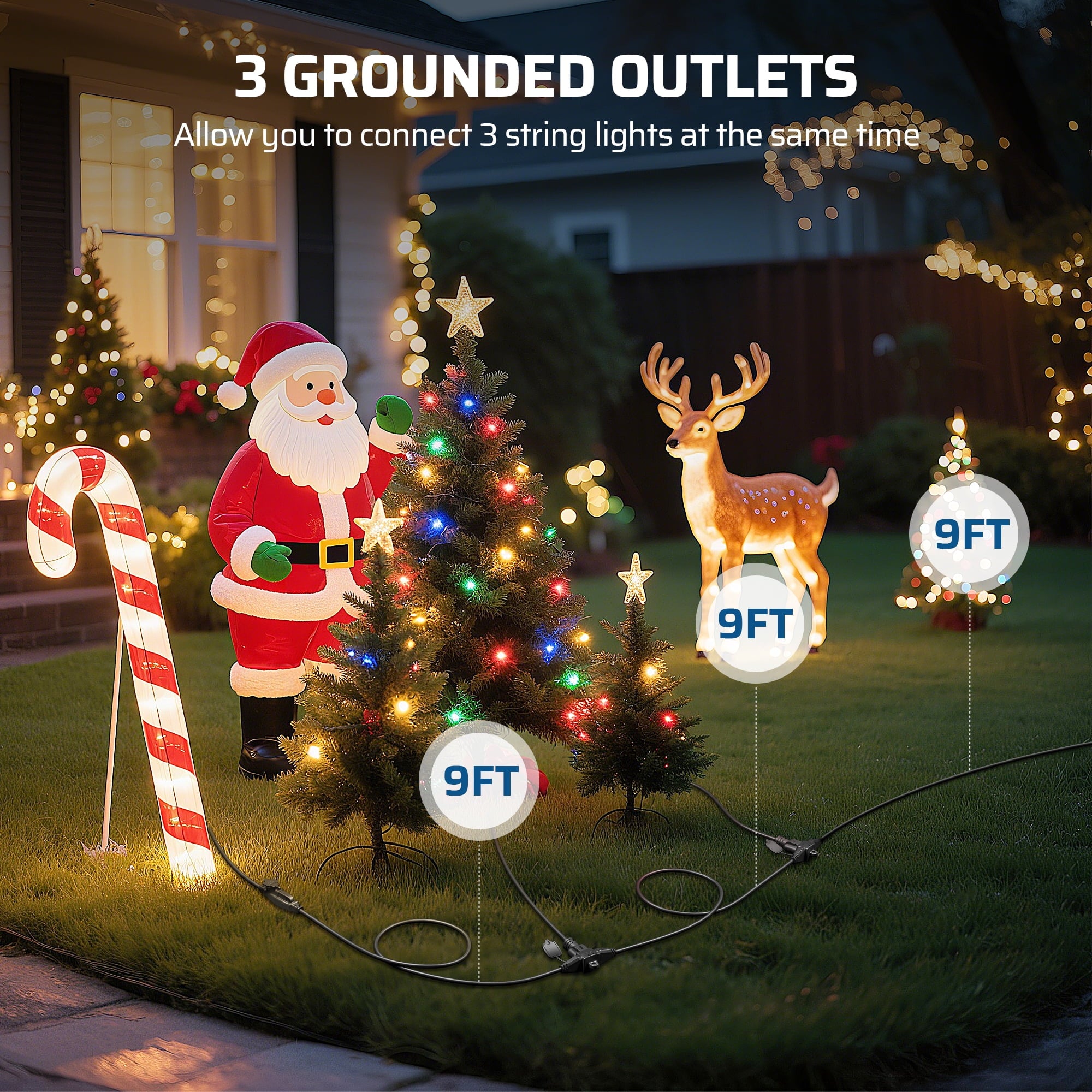 DEWENWILS 27 FT Extension Cords for Outside 16 AWG Evenly 3 Outlets with Safety Cover 3 Prong for Holiday Lights Decoration