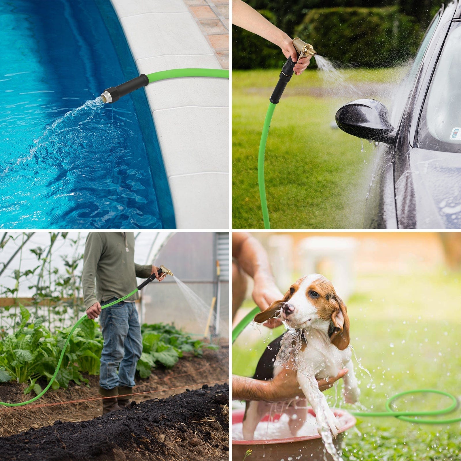 Various applications for a garden hose include swimming pools, car washing, watering, and bathing pets